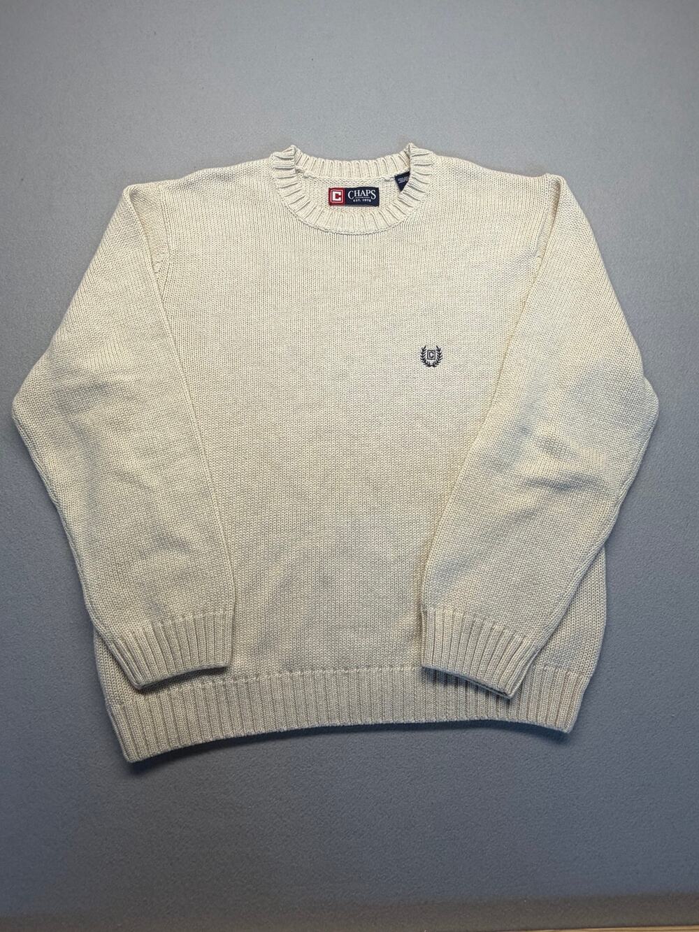 Y2K 90's Prep Chaps Cream Crewneck Sweater Size L 100% Cotton